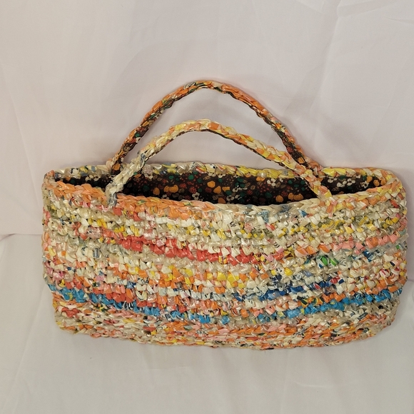 Vintage Handmade plastic bag mini tote bag fabric lined upcycled repurposed - Picture 2 of 10